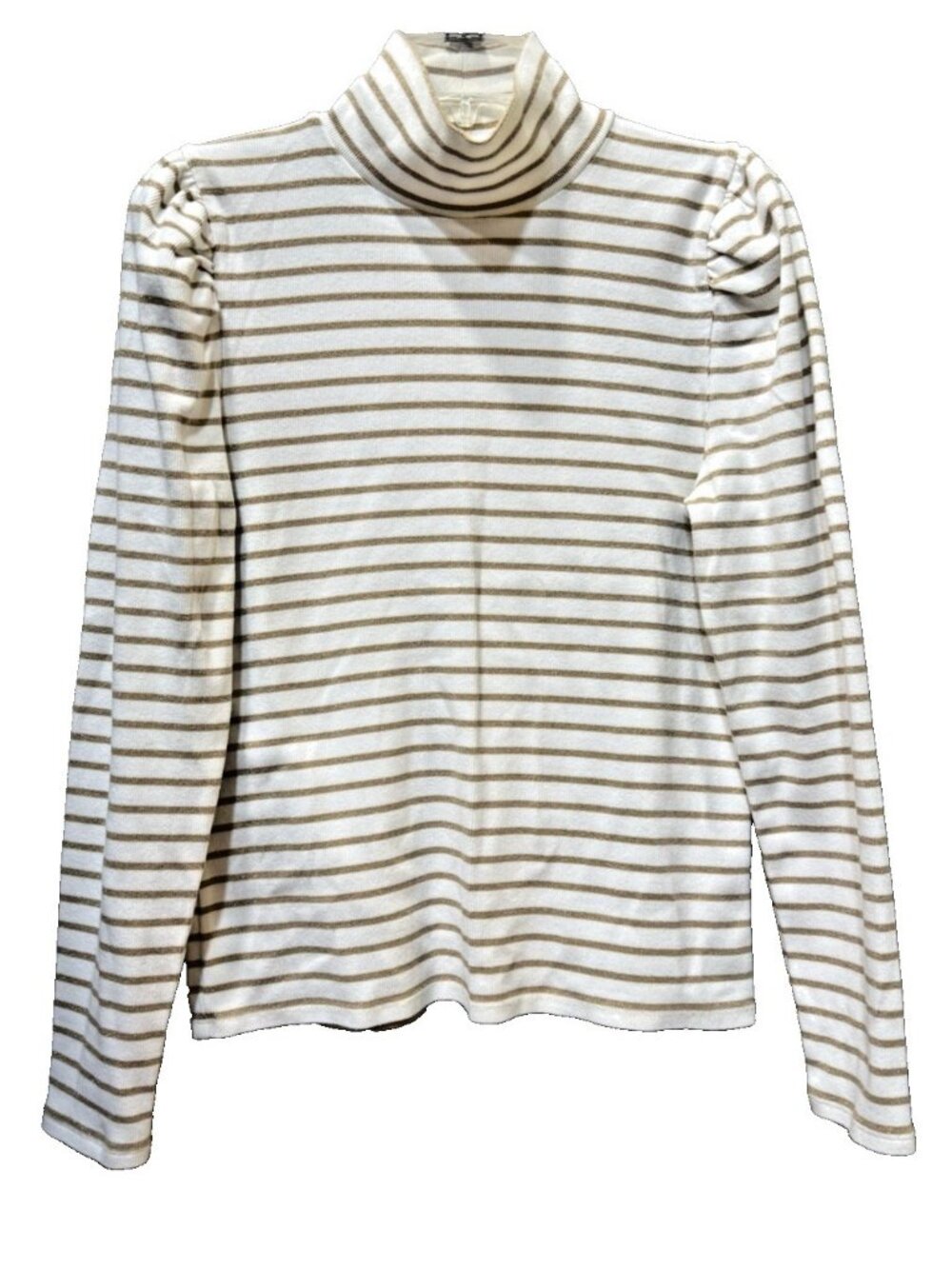 J. Crew Factory White & Gold Sparkle Stripe Puff Sleeve Turtleneck Top Sz L